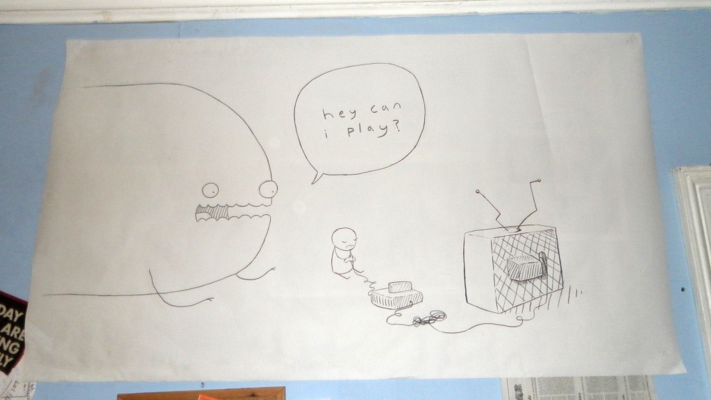 it's a monster asking his friend (i think they're friends but who knows, they might be related?) if he can play snes. i like writing these alt-texts, i don't think anyone reads them. poopy poop poop
